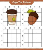 Copy the picture, copy the picture of Acorn and Tea Cup using grid lines. Educational children game, printable worksheet, vector illustration