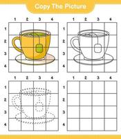 copie la imagen, copie la imagen de la taza de té usando líneas de cuadrícula. juego educativo para niños, hoja de cálculo imprimible, ilustración vectorial vector