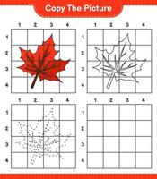 Copy the picture, copy the picture of Maple Leaf using grid lines. Educational children game, printable worksheet, vector illustration