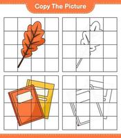 Copy the picture, copy the picture of Oak Leaf and Book using grid lines. Educational children game, printable worksheet, vector illustration