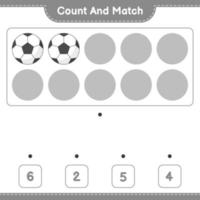 cuenta y empareja, cuenta el número de balones de fútbol y empareja con los números correctos. juego educativo para niños, hoja de cálculo imprimible, ilustración vectorial vector