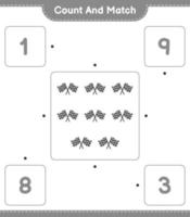 Count and match, count the number of Racing Flags and match with the right numbers. Educational children game, printable worksheet, vector illustration