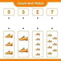 cuente y combine, cuente el número de zapatos para correr y combine con los números correctos. juego educativo para niños, hoja de cálculo imprimible, ilustración vectorial vector