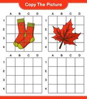 Copy the picture, copy the picture of Socks and Maple Leaf using grid lines. Educational children game, printable worksheet, vector illustration