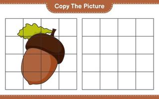 Copy the picture, copy the picture of Acorn using grid lines. Educational children game, printable worksheet, vector illustration