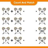 Count and match, count the number of Badminton Rackets and match with the right numbers. Educational children game, printable worksheet, vector illustration