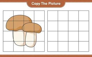 Copy the picture, copy the picture of Mushroom Boletus using grid lines. Educational children game, printable worksheet, vector illustration