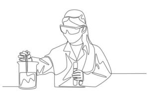 Continuous one line drawing scientific woman with transparent glasses performs tests with liquid in tube. Scientist concept. Single line draw design vector graphic illustration.