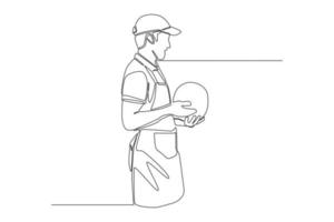 One continuous line drawing of seller assistant boy with cap holding watermelon fruit. Shopping Mall concept. Single line draw design vector graphic illustration.