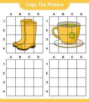 copie la imagen, copie la imagen de las botas de goma y la taza de té usando líneas de cuadrícula. juego educativo para niños, hoja de cálculo imprimible, ilustración vectorial vector