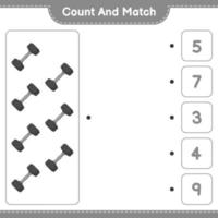 Count and match, count the number of Dumbbell and match with the right numbers. Educational children game, printable worksheet, vector illustration