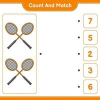 cuenta y empareja, cuenta el número de raquetas de bádminton y empareja con los números correctos. juego educativo para niños, hoja de cálculo imprimible, ilustración vectorial vector