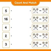 Count and match, count the number of Badminton Rackets and match with the right numbers. Educational children game, printable worksheet, vector illustration