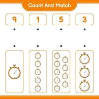 Count and match, count the number of Stopwatch and match with the right numbers. Educational children game, printable worksheet, vector illustration