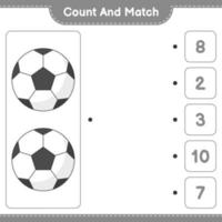 cuenta y empareja, cuenta el número de balones de fútbol y empareja con los números correctos. juego educativo para niños, hoja de cálculo imprimible, ilustración vectorial vector