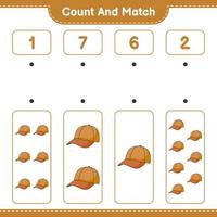 Count and match, count the number of Cap Hat and match with the right numbers. Educational children game, printable worksheet, vector illustration