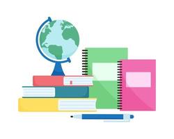 Learning and reading concept. Stationery accessories with books and globe vector