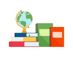 Learning and reading concept. Stationery accessories with books and globe vector