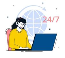 Call center operator. Female. Hotline support service 24h. Call center online assistant in headphones. Vector illustration.