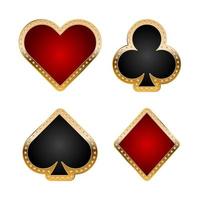Card suits icon set for casino with golden border and stars vector