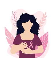 Breast cancer awareness concept. Girl with pink ribbon. vector