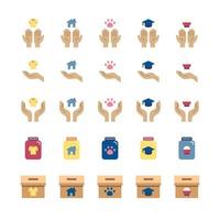 Donate and Charity flat icons set.Helping hand, Volunteer help, donations and Care box. design vector
