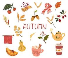 Autumn items. Autumn bundle of cute and cozy design elements. Greeting card small autumn pleasures with tea, pumpkin, leaves, berries and sweets poster template. Vector flat cartoon illustration