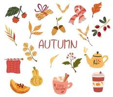 artículos de otoño. paquete de otoño de elementos de diseño lindos y acogedores. tarjeta de felicitación pequeños placeres de otoño con plantilla de póster de té, calabaza, hojas, bayas y dulces. ilustración de dibujos animados plano vectorial vector