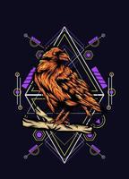 Raven, bird crow, vector illustration with sacred geometry pattern for t shirt design