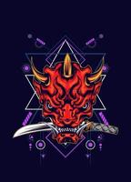 Demon oni mask with katana sword and sacred geometry pattern vector