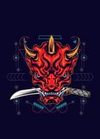 Demon oni mask with katana sword and sacred geometry pattern vector