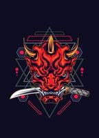 Demon oni mask with katana sword and sacred geometry pattern vector