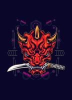 Demon oni mask with katana sword and sacred geometry pattern vector