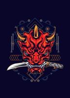 Demon oni mask with katana sword and sacred geometry pattern vector