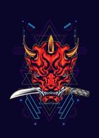 Demon oni mask with katana sword and sacred geometry pattern vector