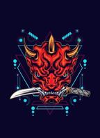 Demon oni mask with katana sword and sacred geometry pattern vector