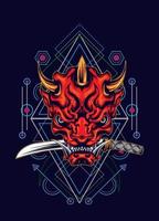 máscara de demonio oni con espada katana y patrón de geometría sagrada