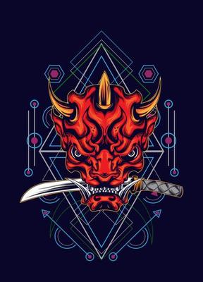Demon oni mask with katana sword and sacred geometry pattern
