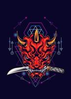 Demon oni mask with katana sword and sacred geometry pattern vector