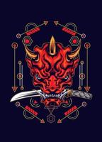 Demon oni mask with katana sword and sacred geometry pattern vector