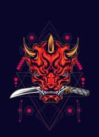 máscara de demonio oni con espada katana y patrón de geometría sagrada