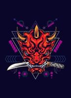 máscara de demonio oni con espada katana y patrón de geometría sagrada vector