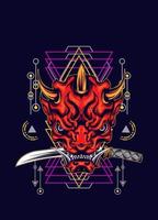 Demon oni mask with katana sword and sacred geometry pattern vector