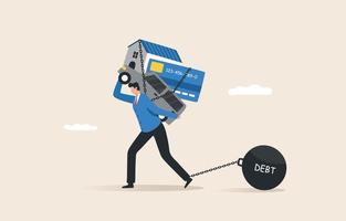 Interest and household debt. Monthly debt payment. Home Loan, Housing Loan, Car Loan, Personal. Businessman with house, car, credit card, utilities cost on back. vector