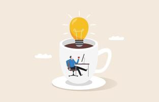 pausa para el café con idea de bombilla. creatividad o nueva inspiración. trabajo con bebida caliente. Planificación con lluvia de ideas. los empleados se sientan y beben café en una taza gigante. vector