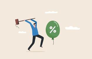 Beat inflation. controlling inflation by raising interest rates. economic risk or investment bubble. Businessman trying to hit balloons with a hammer. vector