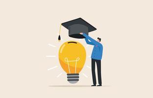 Investment in knowledge pays the best interest. Invest in yourself. Study work, stock funds, self improvement. Time management and business. A businessman wears a graduation cap to light an idea. vector