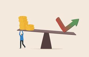 Leverage investing. Buying shares through a credit balance account. Fund management is both an opportunity and a risk. Businessman Balancing Stacked Coins With on Wooden Seesaw. vector