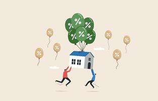 Real estate inflation.  Effect of inflation on housing prices. Real estate market that varies according to economic conditions. The young man tried to keep the house from floating with balloons. vector