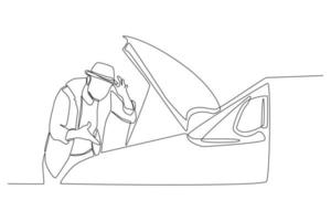 Single one line drawing man standing confused in front of car hood. His car was broken on the side of the road. Road and traffic concept. Continuous line draw design graphic vector illustration.